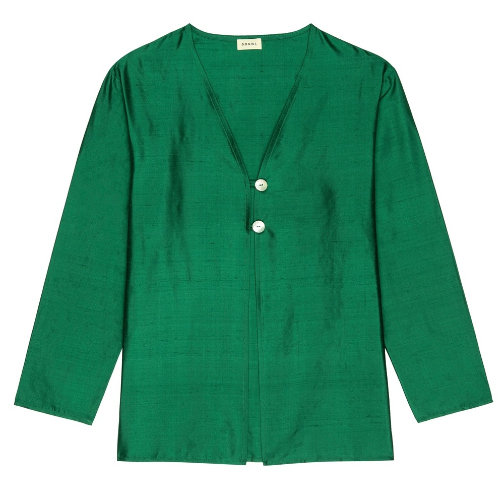 DONNI. Emerald Green Silk V-Neck Button Top - Picture 5 of 9